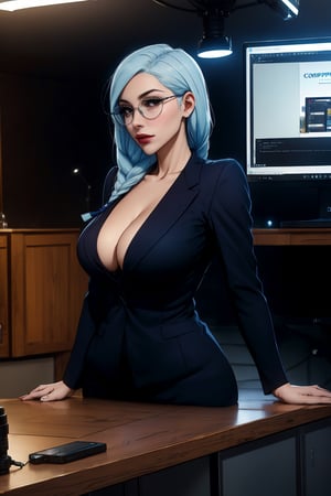 Woman(dressed as a news anchor in formal suits, glasses, mature, large cleavage, sharp dark brown eyes with thin eyebrows, long blue-tinted silver hair normally styled into two braids, one that covers her face and the other hangs behind her head down past her shoulders), (full body), Staring at you while reporting news at news stage, background(newsroom environment, bustling with activity, computer monitors, news ticker, microphone, camera, sophisticated studio lighting, polished wooden desk, stylish modern office), (Shot from distance),(masterpiece, highres, high quality:1.2), ambient occlusion, low saturation, High detailed, Detailedface, Dreamscape,ailluminartmeimei