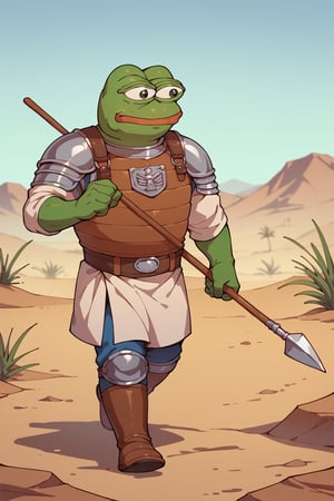 score_9, score_8, score_7, score_7_up, score_8_up, pepe the frog wearing roman armor, spear in his hand, mojave desert, walking, exterior, night