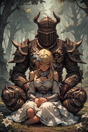 score_9, score_8, score_7, score_7_up, score_8_up, 1boy\(madness Armor and helmet, giant, helmet\) sitting, resting and holding woman\(Lumine, small smile, hugging, wearing dress), outdoor, forest, fantasy