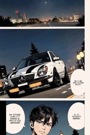 gigachad\(male, tall, giant, handsome, black hair, blue eyes, muscular, buisiness suit with tie\), driving a classic mercedes car, in each panel, background(night, outdoor, city) (masterpiece, highres, high quality:1.2), ambient occlusion, outstanding colors, low saturation,High detailed, Detailedface, Dreamscape,manga page