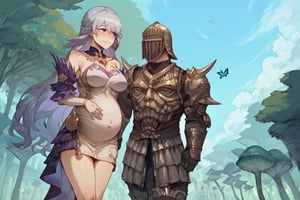 score_9, score_8, score_7, score_7_up, score_8_up, 1boy\(human, giant male, tall male, wearing madness Armor and (madness helmet)\) walking and holding hand of 1girl\(robin \(honkai: star rail\), short, smiling, pregnant, jewellery, gold, wearing dress, pouty lips, seductive, blushing\), both staring at each other, day, city, multiple magical butterflies, outdoor, mushroom trees, romance, fantasy, hetero, anime, 2d