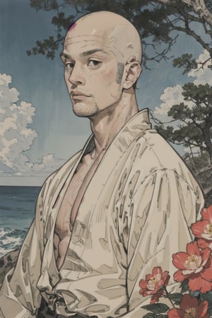 1boy\(male, handsome, young 15 year old, no_hair, bald, beard, tall, muscles, strong jaw, sharp cheekbones, thin lips, shirtless\) upper body, background(day, outdoor, sky, sun, ocean, flowers, trees) (masterpiece, highres, high quality:1.2), ambient occlusion, outstanding colors, low saturation,High detailed, Detailedface, Dreamscape, Vagabond style, Japanese, black and white
