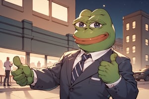 score_9, score_8, score_7, score_8_up, pepe the frog, tall, wearing business suit, outdoor, night, city, giving thumbs up, score_7_up