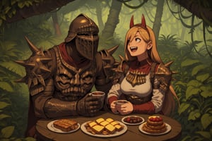 score_9, score_8, score_7, score_8_up, 1boy\(human, dark skin, muscles, giant, tall, wearing full madness Armor and helmet\) with woman\(medium breasts, Power(chainsaw-man) wearing dress, happy, seductive, drinking tea\), both sitting and eating. ( two Tea cups, one tea pot, parmesan on the table), jungle, both staring at each other, score_7_up, side view, 2d, anime