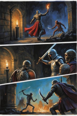 Three-Panel Comic Prompt: Knight vs. Undead Skeletons
Art Style: Utilize vivid, eldritch oil painting techniques combined with sharp textures of colored pencil. Focus on dark, unnatural hues for the knight's armor and bright, contrasting colors for the undead skeletons and the eldritch mist.

Panel 1: Encounter
Description: The knight stands firmly in a dimly lit dungeon corridor, torch raised high. His face is obscured by the steel helmet, but his posture conveys determination. In front of him, two skeletal undead rise from the shadows, their hollow eyes glowing faintly in the darkness.
Elements:
Background: Dark stone walls adorned with ancient carvings.
Lighting: Flickering torchlight casting eerie shadows.
Skeletons: One holding a rusted sword, the other a broken shield, both looking menacing.
Panel 2: The Clash
Description: The knight charges forward, sword drawn, with fierce determination. He swings his sword at the first skeleton, who raises its sword to block the blow. The second skeleton lunges towards him, attempting to stab with a jagged dagger.
Elements:
Action Lines: Use dynamic lines to emphasize the movement and intensity of the battle.
Expressions: The knight's helmet is angled slightly down, showing focus, while the skeletons' bony jaws are agape, emphasizing their aggression.
Environment: Dust and debris flying from the impact of the clash.
Panel 3: Victory
Description: The knight stands triumphant over the defeated skeletons. One lies broken on the ground, while the other is partially disarmed, its arm hanging limply. The knight raises his sword high, torchlight illuminating his figure and casting a victorious glow.
Elements:
Background: The dungeon walls appear more dynamic, with shadows retreating.
Lighting: The torch casts a warm light, contrasting with the cold, eerie ambiance.
Knight's Pose: Proud and resolute, embodying victory in the face of adversity.