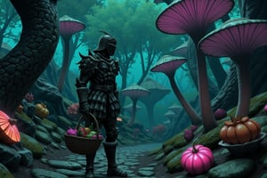 A surreal, anime-style scene unfolds as the Madness Knight, still wearing his mysterious helmet, roams a forest engulfed in an aura of eerie beauty. The forest is in a state of mania, with towering mushrooms as tall as trees, their vibrant caps glowing faintly in shades of neon green, pink, and purple. The towering fungi cast long, warped shadows, and the air is thick with a palpable sense of strangeness.

The Madness Knight, dressed in his dark, intricately designed armor, moves quietly through this alien landscape. His face remains hidden behind the helmet, only his sharp, focused movements revealing his intent. In one hand, he carries a woven basket filled with alchemical ingredients: exotic, alien fruits with bioluminescent skins, rare glowing mushrooms, and peculiar flowers with shimmering petals.

The forest floor is littered with unusual, pulsating plants, and the Knight kneels down occasionally to carefully pluck more herbs, adding to his collection. His silent presence is an embodiment of order amidst the chaotic, dream-like forest, as he gathers everything for his alchemical rituals.