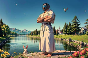 Doomguy(bodybuilder, tall, naked but wearing white robe Ihram and helmet) perform salaah in congregation on prayer mat, full body, (shot from distance), background(mosques, day, outdoor, sky, sun, tree, river, flowers, birds, bunnies, rabbits) (masterpiece, highres, high quality:1.2), ambient occlusion, outstanding colors, low saturation,High detailed, Detailedface, Dreamscape