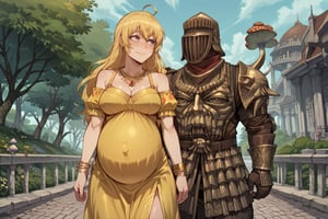 score_9, score_8, score_7, score_7_up, score_8_up, 1boy\(human, giant male, tall male, wearing madness Armor and (madness helmet)\) walking and holding hand of 1girl\(Yang Xiao Long, short, smiling, pregnant, jewellery, gold, wearing dress, pouty lips, seductive, blushing\), both staring at each other, day, city, multiple magical butterflies, outdoor, mushroom trees, romance, fantasy, hetero, anime, 2d