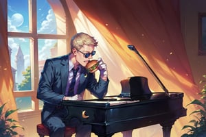 score_9, score_8, score_7, score_8_up, moonman\(human, tall, moon crescent head, wearing business suit and sun glasses, gloves\), sitting and playing the piano, indoor, laios eating hamburger