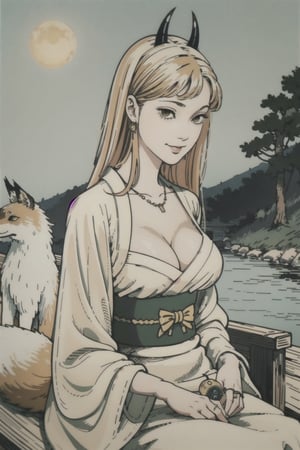 woman\(slim body, long blonde hair, yellow eye color, horns, jewelery, bridal gauntlets, rings, amulets, eyelashes, big breasts, large cleavage, wearing yukata, sandal, feminine, beautiful, mistress, holding a fox\) The scene should convey a seductive smile on her face, with an air of smugness as she maintains eye contact with the viewer, (faull body), sitting, background(rural area, animals, day, sky, sun),(masterpiece, highres, high quality:1.2), ambient occlusion, low saturation, High detailed, Detailedface, (shot from distance)