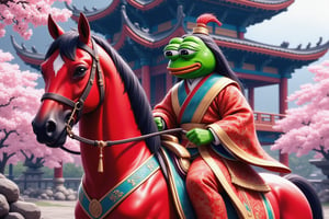 In a highly detailed scene, Pepe the Frog takes the place of a traditional Chinese noblewoman, riding a striking red horse. Pepe, with his iconic green skin, is dressed in an elaborate, ornate robe adorned with intricate patterns in red, gold, and teal. The rich fabric is meticulously embroidered with traditional motifs, tassels hanging elegantly from his sleeves. His face, though still bearing his usual expression, reflects a regal calm as his long, dark hair flows down his back, enhanced by the golden embellishments of an elaborate headdress that crowns his head.

The red horse beneath him is equally adorned, with a richly decorated bridle and saddle that match Pepe's opulent attire. The horse's flowing mane adds to the noble atmosphere, while its deep red coat gives the scene a striking contrast.

Behind them, a traditional Chinese pavilion with a curved, tiled roof and intricately carved wooden lattice windows stands majestically. The deep blue of the pavilion contrasts with the soft pink blossoms of cherry trees, in full bloom, that surround the scene. The cherry blossoms, caught in various stages of bloom, shower the landscape with a pastel hue, softening the atmosphere.

The overall color palette is vibrant, with bold reds, golds, and teal hues from Pepe’s attire juxtaposed with the delicate pinks of the blossoms. Soft, diffused lighting gives the scene an ethereal quality, while the textures and patterns pay homage to traditional Chinese artistry, imbuing the scene with cultural richness and serenity.