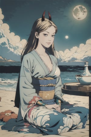 woman\(slim body, long yellow hair, yellow eye color, horns, jewelery, bridal gauntlets, rings, amulets, eyelashes, big breasts, large cleavage, wearing yukata, sandal, feminine, beautiful, mistress\) The scene should convey a seductive and smug smile expression on her face, with an air of arrogance as she maintains eye contact with the viewer, (full body), sitting, background(beach, pillows, sky, night, moon, table(sake), pots with flowers),(masterpiece, highres, high quality:1.2), ambient occlusion, low saturation, High detailed, Detailedface