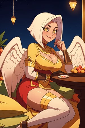 Lute\(thicc body, angel wings, white hair, yellow eyes, jewelery, bridal gauntlets, rings, amulets, eyelashes, large cleavage, wearing full harem dress, sandal, feminine, beautiful, mistress\), sitting on matress, The scene should convey a seductive smile expression on her face, with an air of cuteness as she maintains eye contact with the viewer, background(luxurious arabian balcony, pillows, sky, night, table(fruits)),(masterpiece, highres, high quality:1.2), ambient occlusion, low saturation, High detailed, Detailedface,Lut