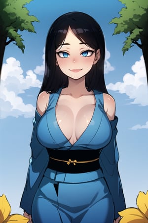 1girl(slim body, adult, 2o years old, long black hair, blue eyes, wearing yukata big breasts), staring at you seductively with a smile on her face, upper body, background(day, outdoor, sky, sun, ocean, flowers, trees) (masterpiece, highres, high quality:1.2), ambient occlusion, outstanding colors, low saturation,High detailed, Detailedface, Dreamscape,ratatatat74 style