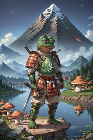 score_9, score_8, score_7, score_7_up, score_8_up, pepe the frog(wise, frog feet, quiet, wearing samurai armor with helmet and cuirass, ornate, light steel plate design which is worn over cloth padding), (full body) standing, background(mountain, volcano, giant mushrooms, lake, night), (solo), (masterpiece, highres, high quality:1.2), ambient occlusion, low saturation, High detailed, anime,samurai