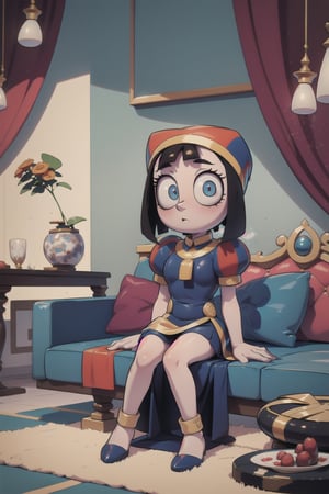 Pomi(cute body, eyelashes, large cleavge, wearing harem dress, feminine, beautiful),(full body), sitting on a sofa in a luxurious arabian sultan living room, (Shot from distance),(masterpiece, highres, high quality:1.2), ambient occlusion, low saturation, High detailed, Detailedface, Dreamscape,pomni