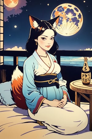 woman\(slim body, long orange hair, red eye color, jewelery, bridal gauntlets, rings, amulets, eyelashes, large cleavage, wearing yukata, pregnant, sandal, feminine, beautiful, mistress, youkai, fox_ears, fox tails\) The scene should convey a seductive and arrogant smug expression on her face, with an air of arrogance as she maintains eye contact with the viewer, (full body), sitting, background(luxurious japanese balcony, pillows, sky, night, moon, table(sake), pots with flowers),(masterpiece, highres, high quality:1.2), ambient occlusion, low saturation, High detailed, Detailedface
