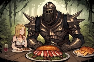 score_9, score_8, score_7, score_8_up, 1boy\(human, dark skin, giant, tall, wearing full madness Armor and helmet\) with 1girl\(medium breasts, Lumine wearing white dress, blushing pouty lips, seductive\), both sitting and eating. (cooked meat, parmesan and wine on the table), jungle, both staring at each other, score_7_up