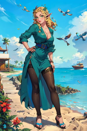 1girl(Marcille, slim body, elf ears, eyelashes, wearing dress, nice cleavage, headdress, long blonde hair, green eyes, feminine, beautiful), looking at viewer seductively, seductive pose, full body, background(birds,flower, outdoors, day, sky, palm tree, plant, cloud, ocean, scenery), (masterpiece, highres, high quality:1.2), low saturation,High detailed,perfect