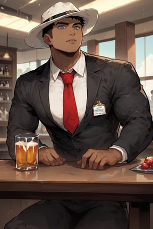 score_9, score_8, score_7,1man(young, handsome, wearing black business suit with red tie, cowbow hat, dark skin, middle eastern, tall, muscles, strong jaw, sharp cheekbones, thin lips, blue eyes), sitting, glass of vodka on the table, inside a bar, indoor