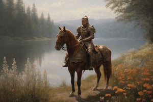 1boy\(human, tall, wearing full madness armor and helmet\), riding a horse, at the lakeside, day, lake, forest, flowers