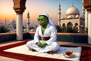 pepe(frog, wise, quiet, wearing white Ihram, Arabian outfit, muscular, tall), (full body) sitting on a mattress, tea and dates on the table, background(mosques, exterior, Arabian city, night),(masterpiece, highres, high quality:1.2), ambient occlusion, low saturation, High detailed, Detailedface, (shot from distance), Ramadan, Islam 