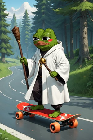 score_9, score_8_up, score_7_up, Pepe(frog, old, wearing wizard robe, long white beard, wizard, holding magical staff), on a skateboard, flying, background(rural road, lakeside, forest, day),(masterpiece, highres, high quality:1.2), ambient occlusion, low saturation, High detailed, Detailedface, (shot from distance),Wojak, 2d