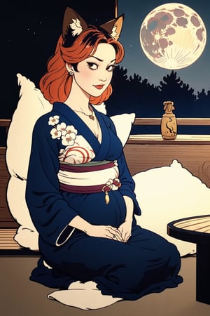 woman\(slim body, long orange hair, red eye color, jewelery, bridal gauntlets, rings, amulets, eyelashes, large cleavage, wearing yukata, pregnant, sandal, feminine, beautiful, mistress, youkai, fox ears, fox tails\) The scene should convey a seductive and arrogant smug expression on her face, with an air of arrogance as she maintains eye contact with the viewer, (full body), sitting, background(luxurious japanese balcony, pillows, sky, night, moon, table(sake), pots with flowers),(masterpiece, highres, high quality:1.2), ambient occlusion, low saturation, High detailed, Detailedface