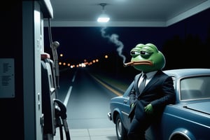 A highly detailed scene set at a quiet gas station late at night. Pepe the Frog, dressed in a wrinkled and slightly disheveled business suit, stands outside his car, leaning against the side lazily as he takes a long drag from his cigar. The dim fluorescent lights of the gas station cast a cold, sterile glow over the scene, highlighting the weary, slumped posture of Pepe. His eyes are heavy with sadness, a deep, hollow expression of depression etched across his face, as if the weight of the world is pulling him down.

The gas pump next to him is idle, while his car, slightly worn, rests under the flickering light of the gas station canopy. The road is empty, stretching out into the dark distance, with only the faint hum of a distant engine and the occasional rustling of wind to break the silence. The smoke from his cigar lazily curls upward into the night sky, dissipating slowly into the cool air. The scene captures a moment of profound loneliness and exhaustion, as Pepe stands there, lost in thought, detached from the world around him. The emptiness of the gas station and the darkness of the night only serve to amplify his sense of isolation and despair.