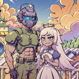 1boy(DoomGuy, tall, young, muscular, wearing doom helmet faceless, no hair, Doomguy(helmet)) and 1girl(Emily,slim body, cute, petite, wearing princess dress, long white hair, gentle and warm smile), (shot from distance), background(balcony, castle, rural area) (masterpiece, highres, high quality:1.2), ambient occlusion, outstanding colors, low saturation,High detailed,Detailedface,Dreamscape