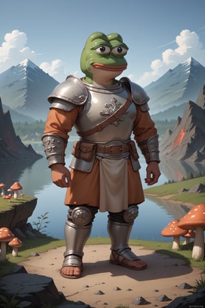 score_9, score_8, score_7, score_7_up, score_8_up, pepe the frog(wise, quiet, wearing mongolian armor with helmet and cuirass, ornate, light steel plate design which is worn over cloth padding, umbra sword, on his belt), (full body) standing, background(mountain, volcano, giant mushrooms, lake, night), (solo), (masterpiece, highres, high quality:1.2), ambient occlusion, low saturation, High detailed, Detailedface, 