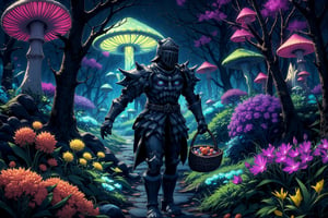 A surreal, anime-style scene unfolds as the Madness Knight, still wearing his mysterious helmet, roams a forest engulfed in an aura of eerie beauty. The forest is in a state of mania, with towering mushrooms as tall as trees, their vibrant caps glowing faintly in shades of neon green, pink, and purple. The towering fungi cast long, warped shadows, and the air is thick with a palpable sense of strangeness.

The Madness Knight, dressed in his dark, intricately designed armor, moves quietly through this alien landscape. His face remains hidden behind the helmet, only his sharp, focused movements revealing his intent. In one hand, he carries a woven basket filled with alchemical ingredients: exotic, alien fruits with bioluminescent skins, rare glowing mushrooms, and peculiar flowers with shimmering petals.

The forest floor is littered with unusual, pulsating plants, and the Knight kneels down occasionally to carefully pluck more herbs, adding to his collection. His silent presence is an embodiment of order amidst the chaotic, dream-like forest, as he gathers everything for his alchemical rituals.