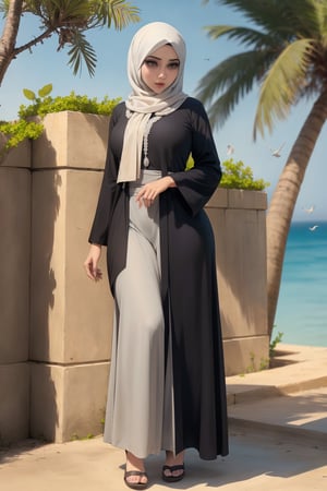 Woman(slim body, young, grey eyes, arab, morrocan, eyelashes, hijab, Wearing a white headscarf and veill,Gorgeous abaya, arabian pants Arabian, feminine, beautiful), (full body), Staring at you while reporting news at news stage, background(outdoor, day, sun, ocean, mosques, birds), (Shot from distance),(masterpiece, highres, high quality:1.2), ambient occlusion, low saturation, High detailed, Detailedface, Dreamscape,perfect