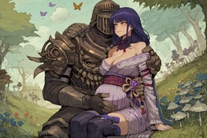 score_9, score_8, score_7, score_7_up, score_8_up, 1boy\(human, giant male, tall male, wearing full madness Armor and helmet, armored\) laying on the grass and holding 1girl\(Raiden Shogun, pregnant belly, big breasts, slim body, wearing dress, jewellery, gold, hugging, pouty lips, seductive, smug smile, blushing, hugging\), sitting on his lap, magical butterflies, forest, mushrooms, outdoor, romance, fantasy, 2d, anime, hetero