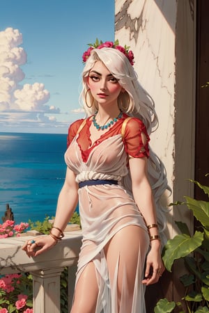Vaggie(slim body, long white hair, eyelashes, jewelry, earrings, necklace, armlet, bracelet, ring, wearing white roman dress, large cleavage, headdress, bare shoulders, hoop earrings, bridal gauntlets, feminine, beautiful), looking at viewer seductively, standing, background(flower, outdoors, day, short hair, sky, tree, plant, cloud, ocean, water, potted plant, vase, scenery), (masterpiece, highres, high quality:1.2), low saturation,High detailed,perfect,(vaggie)