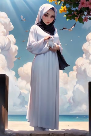 Woman(slim body, young, red eyes, arab, morrocan, eyelashes, hijab, Wearing a white headscarf and veill,Gorgeous abaya,arabian pants Arabian, feminine, beautiful, holding a white cat), full body, looking at viewer with cute expression, standing, (shot from distance), background(mosques, day, outdoor, sky, sun, tree, ocean, flowers, birds, group of cats), (masterpiece, highres, high quality:1.2), low saturation,High detailed,soft shading