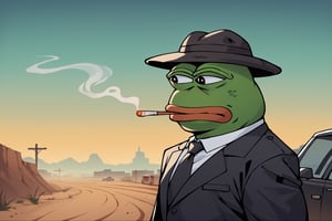 score_9, score_8, score_7, score_7_up, score_8_up, pepe the frog wearing black business suit, cowbot hat, smoking a cigarette, upper body, mojave desert, classic car in background, apocalyptic, exterior, night,0ut3rsp4c3