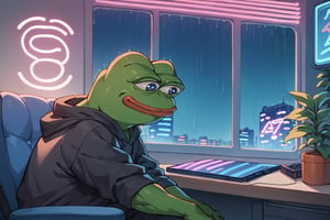 score_9, score_8, score_7, score_7_up, score_8_up, pepe the frog wearing black hoodie, sitting on a chair, computer, upper body, interior bedroom, night, cyberpunk city view out of the window,neon light, purple neon lights, rain, rain outside, rain on the window