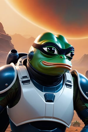 Pepe the frog wearing helldiver Armor, fighting against giant alien insects, background(alien planet), fantasy, Oil painting, heavy brush strokes, colourful, epic art, (masterpiece, highres, high quality:1.2), ambient occlusion, low saturation, High detailed, Detailedface, Dreamscape