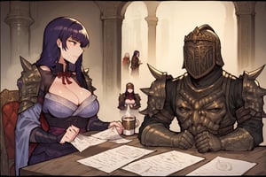 score_9, score_8, score_7, score_8_up, 1boy\(human, dark skin, giant, tall, wearing full madness armor and helmet, sitting on his chair, working\) hugged by 2girls\(big breasts, Raiden Shogun and Makima, cute look on their face, pouty lips, seductive\), both staring at each other, (paper, scrolls, coffee on the table), indoor castle livingroom, score_7_up, side view