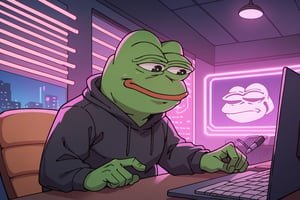 score_9, score_8, score_7, score_7_up, score_8_up, pepe the frog wearing black hoodie, sitting on a chair, computer, upper body, interior bedroom, night, cyberpunk city view out of the window,neon light, purple neon lights, rain outside, rain on the window,C7b3rp0nkStyle