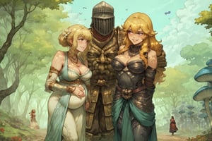 score_9, score_8, score_7, score_7_up, score_8_up, 1boy\(human, giant, tall, wearing madness Armor and (madness helmet)\) walking hand in hand with 2girls\(Yang Xiao Long and Lumine, both smiling, both pregnant, jewellery, gold, both wearing harem dresses, pouty lips, seductive, blushing\), both staring at each other seductively, day, forest, multiple magical butterflies, outdoor, mushroom trees, romance, fantasy, hetero