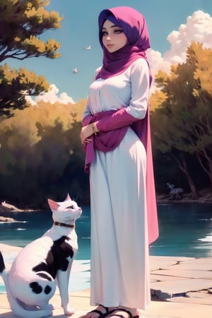 Woman(slim body, young, pink eyes, arab, morrocan, eyelashes, hijab, Wearing a white headscarf and veill,Gorgeous abaya,arabian pants Arabian, sandal, feminine, beautiful, holding a white cat), full body, looking at viewer with cute expression, standing, (shot from distance), background(mosques, day, outdoor, sky, sun, tree, ocean, flowers, birds, cats), (masterpiece, highres, high quality:1.2), low saturation,High detailed,soft shading