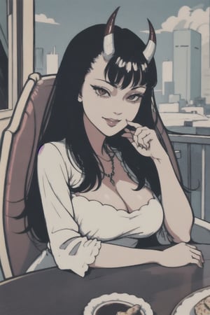 pov across table, looking at viewer, sitting, solo, cup of coffee, table, plate, fork, depth of field, food, spoon, head rest, woman\(slim body, young, Oni horns, demon elf ears, long black hair, red eyes, jewelery, bridal gauntlets, rings, amulets, eyelashes, large cleavage, wearing full harem dress, sandal, feminine, beautiful, mistress\), The scene should convey a seductive and smug smile expression on her face, with an air of arrogance as she maintains eye contact with the viewer, blurry background(luxurious arabian balcony, outdoor, sky, day, Dubai city, pillows),(masterpiece, highres, high quality:1.2), ambient occlusion, low saturation, High detailed, Detailedface, break CONCEPT_pov_dating_ownwaifu,www.ownwaifu.com