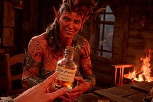 In this **first-person perspective**, your **tanned human hands** extend a glass **potion bottle** labeled "Fire Resistance," the elegant script glowing faintly in the warm light of the inn. The potion’s amber liquid swirls as you offer it across the rustic wooden table.

Opposite you, **Karlach** stands, her powerful yet feminine form bathed in the flickering firelight. Her **red skin** glows softly, and her fiery **hair flows wildly** around her shoulders. Her eyes, **bright yellow like molten gold**, meet yours, filled with curiosity. The **infernal scars** on her muscular arms pulse faintly as she leans forward, a playful grin on her lips.