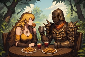 score_9, score_8, score_7, score_8_up, 1boy\(human, dark skin, giant, tall, wearing full madness Armor and helmet\) with woman\(medium breasts, Yang Xiao Long wearing dress, happy, seductive, drinking tea\), both sitting and eating. ( two Tea cups, one tea pot, parmesan on the table), jungle, both staring at each other, score_7_up, side view, 2d, anime