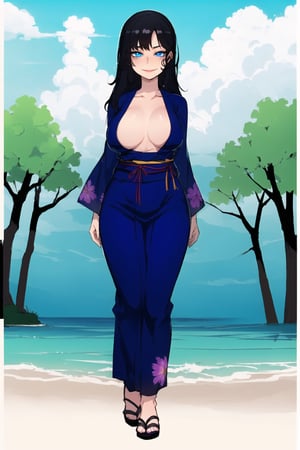 1girl(slim body, adult, 2o years old, long black hair, blue eyes, wearing yukata big breasts, heels), staring at you seductively with a smile on her face, full body, background(day, outdoor, sky, sun, ocean, flowers, trees) (masterpiece, highres, high quality:1.2), ambient occlusion, outstanding colors, low saturation,High detailed, Detailedface, Dreamscape,ratatatat74 style