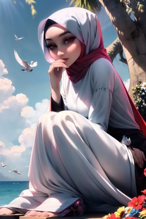 Woman(slim body, young, red eyes, arab, morrocan, eyelashes, hijab, Wearing a white headscarf and veill,Gorgeous abaya,arabian pants Arabian, feminine, beautiful), full body, looking at viewer with cute expression, sitting, (shot from distance), background(mosques, day, outdoor, sky, sun, tree, ocean, flowers, birds), (masterpiece, highres, high quality:1.2), low saturation,High detailed,soft shading