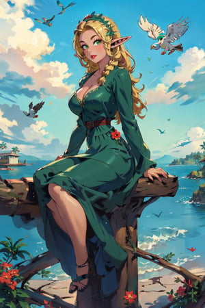 1girl(Marcille, slim body, elf ears, eyelashes, wearing dress, nice cleavage, headdress, long blonde hair, green eyes, feminine, beautiful), looking at viewer seductively, sitting, seductive pose, full body, background(birds,flower, outdoors, day, sky, palm tree, plant, cloud, ocean, scenery), (masterpiece, highres, high quality:1.2), low saturation,High detailed,perfect