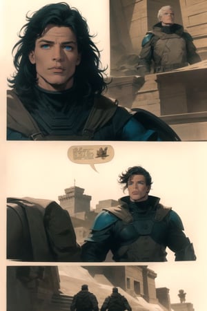 men\(young, handsome, quiet, blue eyes, long black hair, tan skin, handsome, wearing armor, muscular, tall\), haveing a political discussion, background(indoor dune castle),(masterpiece, highres, high quality:1.2), ambient occlusion, low saturation, High detailed, Detailedface, comic page different views, 80's sci-fi dark fantasy, page with panels